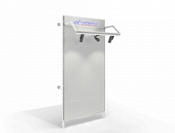 Перфорированный стеллаж с креплением к стене J-hanger с рекламной панелью